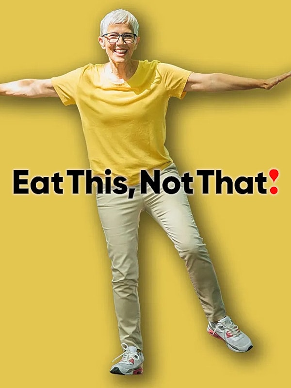 Happy person promoting healthy eating choices.