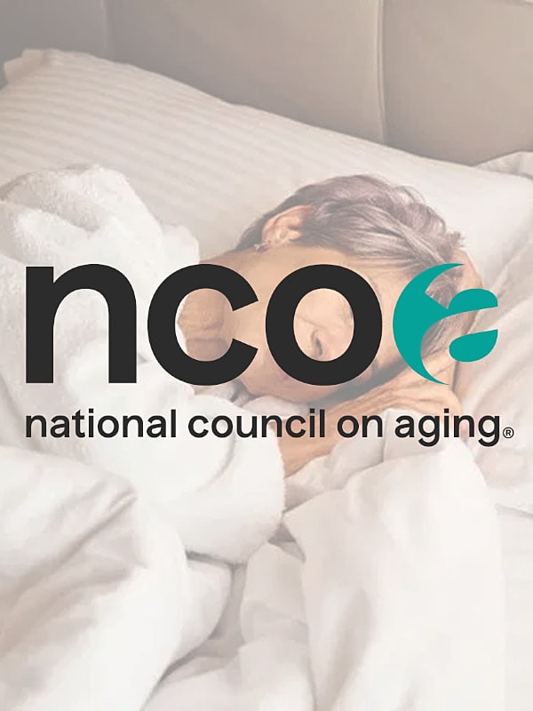 Woman sleeping in bed, National Council on Aging logo.