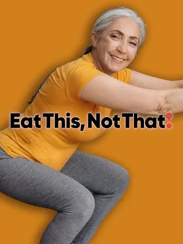 Older woman exercising with healthy eating message.