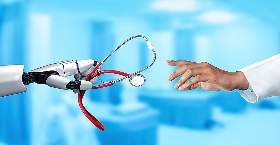 Robot hand offering stethoscope to human hand.