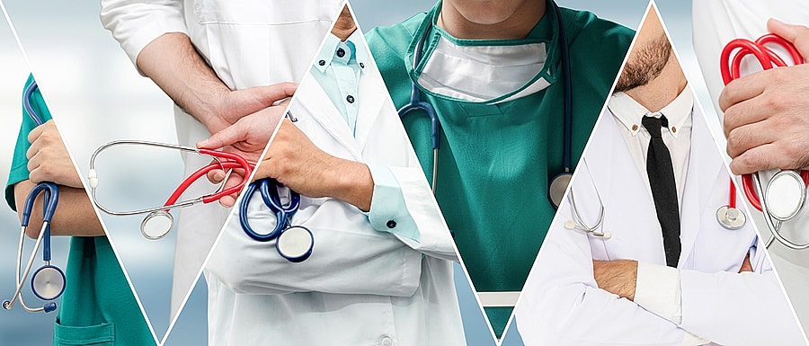 Healthcare professionals holding stethoscopes and medical tools.