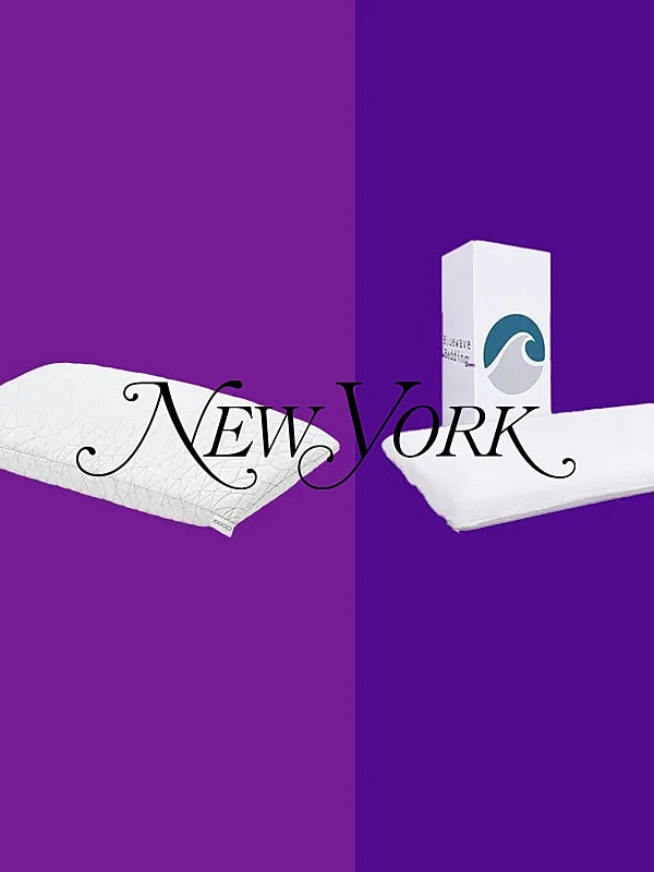 Pillows with product packaging on purple background